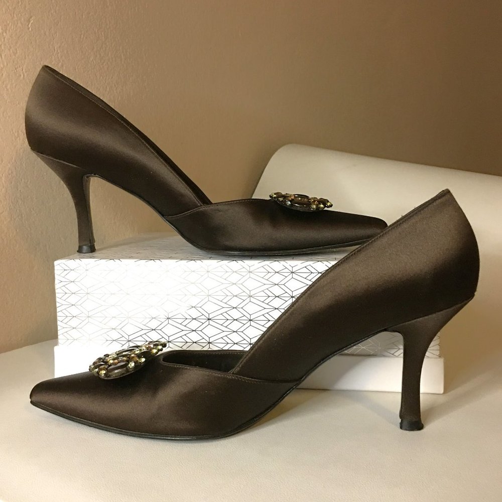 STUART WEITZMAN ✨ Brown Satin Rhinestone Embellished Heels - Picture 2 of 14